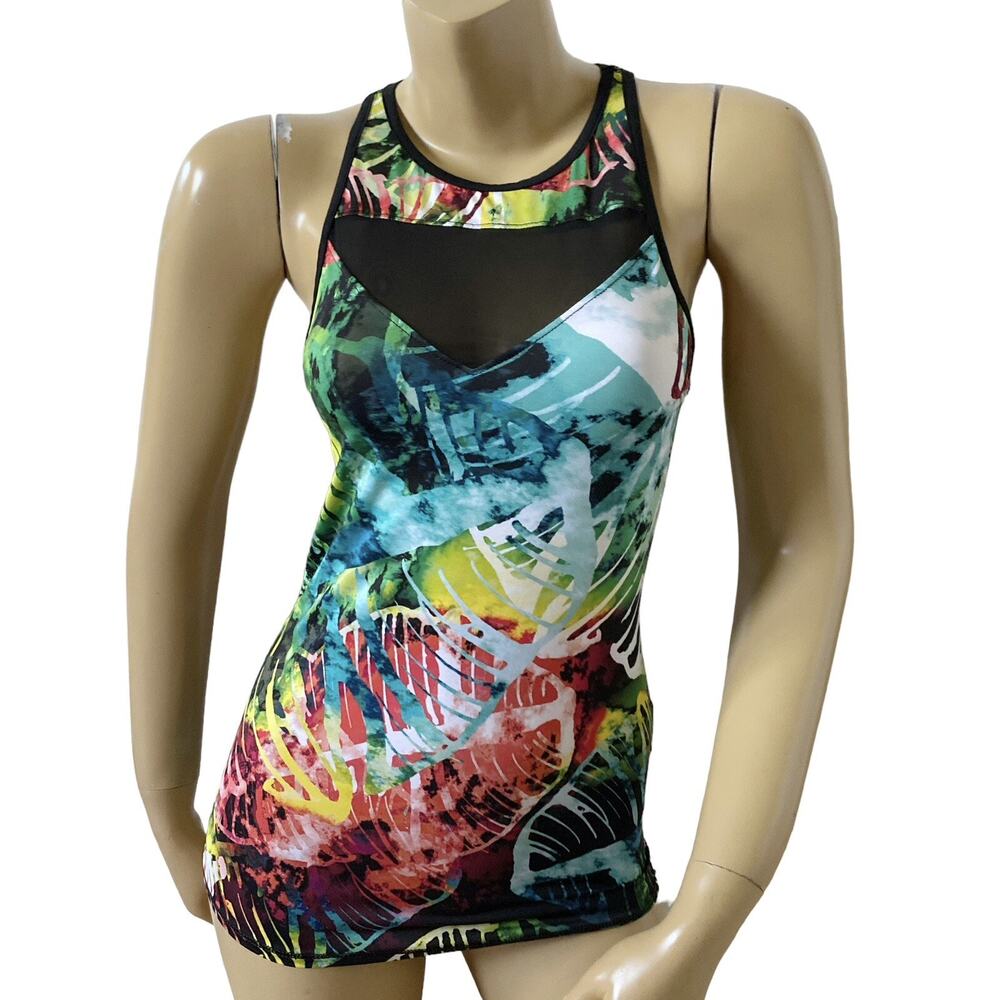 Pink Lotus Tank Top Womens XS Athletic Racerback Mesh Trim Tropical Print